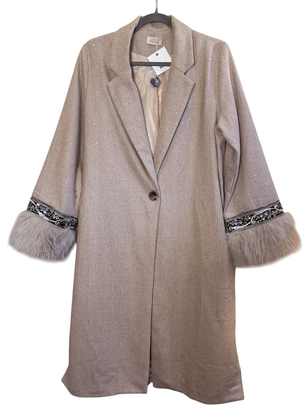 NKN Nekane Wool Blend Ivory/Gold Metallic Boho Coat Faux Fur Embroidered Cuffs M